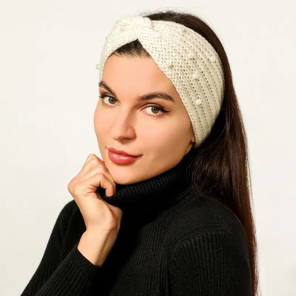 NWT Black Colored Vintage Knitted Headband/Ear Warmers With Pearl Beaded Decor - Picture 6 of 7